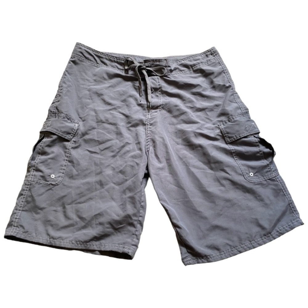 Men's Gray Cargo Swim Board Shorts with Drawstring Waist